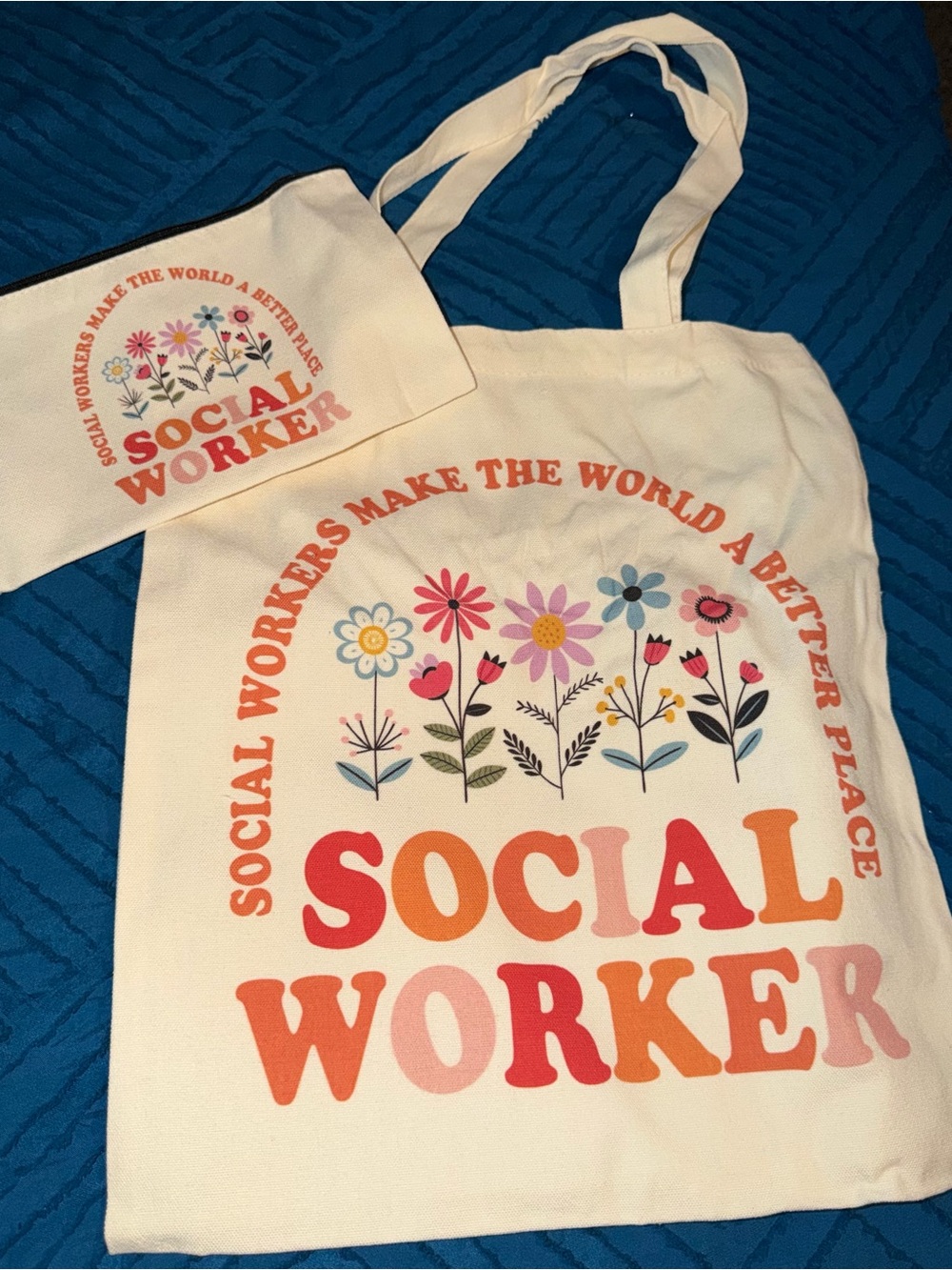 Cream Social Worker Floral Canvas Tote Bag